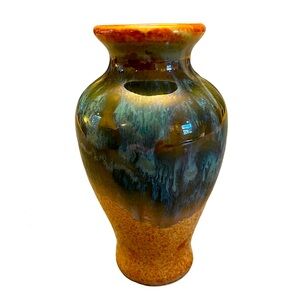 Handmade Shiny glazed ceramic bud vase. Blue, green and brown tones. 5.5” tall.